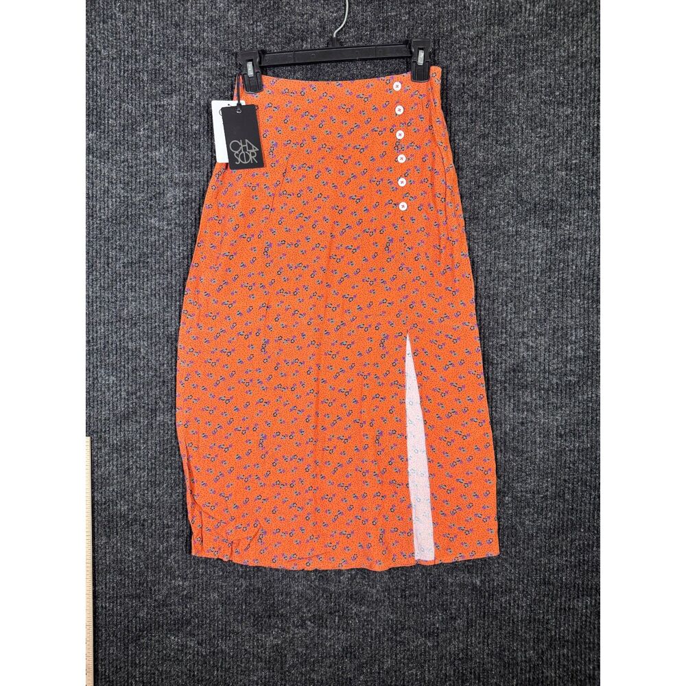 NWT Chaser Tigerlily Orange Floral Button-Front Midi Skirt XS